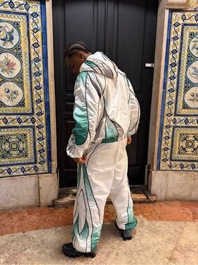 Men's White and Mint Hooded Windbreaker Set